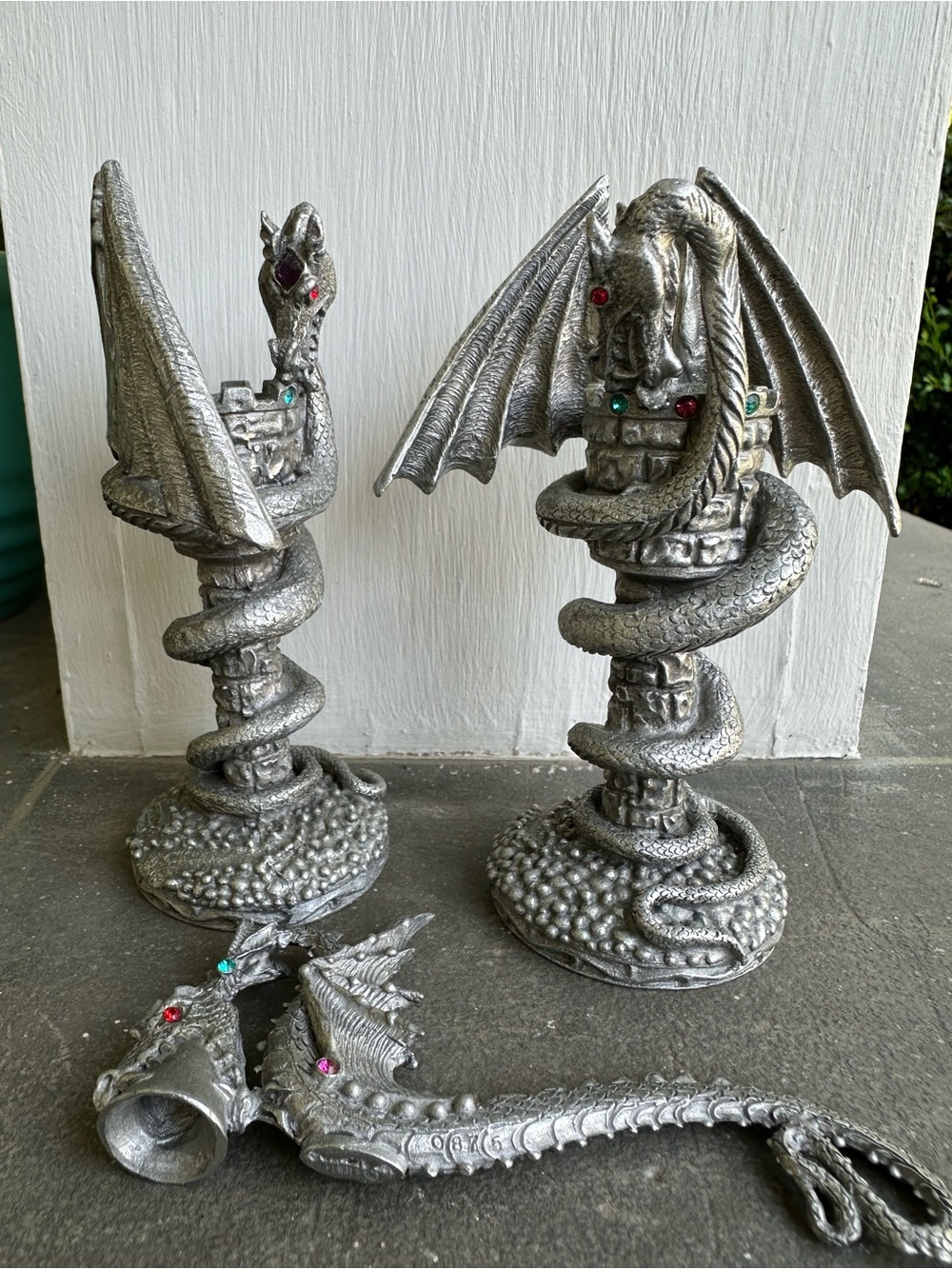 Comstock Pewter Dragon Castle Candlesticks & Snuffer Set